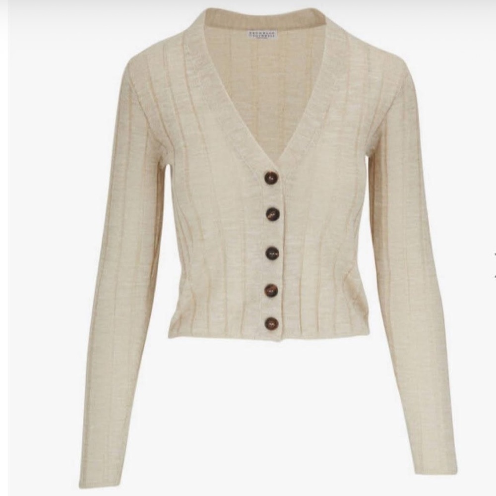 BRUNELLO CUCINELLI Natural Lurex Linen Wide Rib Cropped Cardigan size S